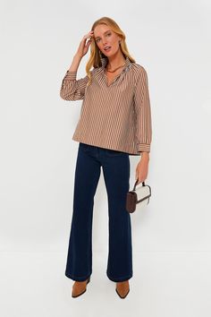 Mocha Stripe Emy Top Classic Fall Tops With Contrast Stripes, Classic Workwear Top With Striped Cuffs, Tuckernuck Style, Button-up Tops With Contrast Stripes For Work, High-end Fall Tops With Contrast Stripes, Fall Striped Collar V-neck Top, Brown Shirt, Plus And Minus, Vertical Stripes