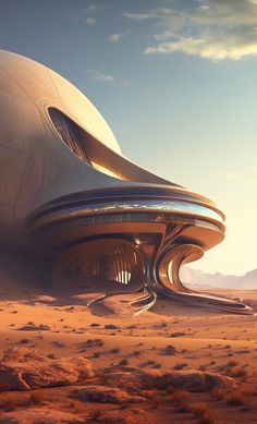 a futuristic building in the middle of desert