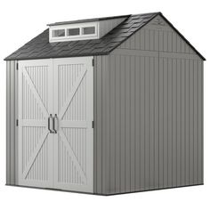 a gray storage shed with a black roof and white trim on the door, side view