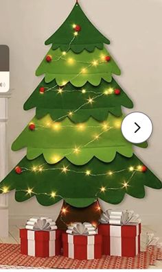 a christmas tree with presents under it and an arrow pointing to the bottom right side