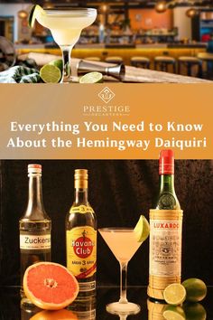 an image of alcohol bottles and glasses on a bar with the words everything you need to know about the hemingway daiquiri