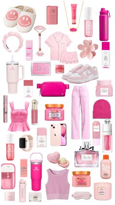 a collage of pink and white items