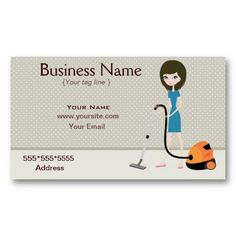 a business card with a woman vacuuming the floor and cleaning her carpet on it