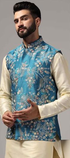 Blue color Nehru Jacket in Raw Silk fabric with Embroidered, Resham, Thread, Zari work Blue Nehru Jacket With Zari Work For Festive, Festive Blue Nehru Jacket With Zari Work, Blue Nehru Jacket With Zari Work For Eid, Blue Long Sleeve Bandhgala For Spring, Blue Nehru Jacket With Chikankari Embroidery For Festivals, Festive Raw Silk Nehru Jacket, Traditional Blue Outerwear For Festivals, Blue Nehru Jacket With Chikankari Embroidery For Festive Occasions, Blue Nehru Jacket With Stand Collar For Festive Occasions