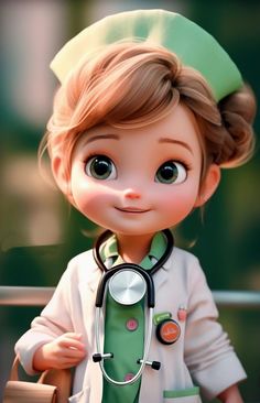 a cartoon character with a stethoscope on her neck and green scrubs