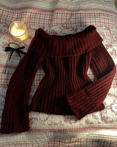 Crochet, aesthetic, Lana del Rey, off-shoulder top, burgundi, red, candle, dark, atumun aesthetic, fall, vampire, downtown girl, diy, bow Aesthetic Lana Del Rey, Red Candle, Autumn Sweater, Crochet Aesthetic, Downtown Outfits, Aesthetic Fall, Downtown Girl, Diy Bow