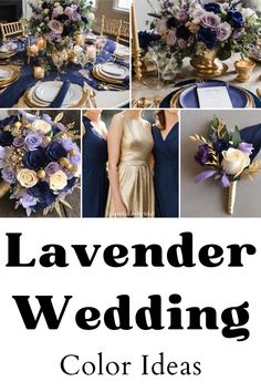 a collage of different pictures with the words lavender wedding color ideas in black and gold