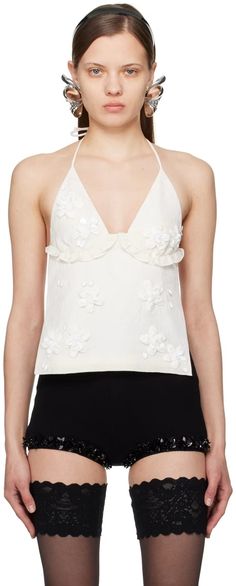 Off-White Floral Tank Top by SHUSHU/TONG on Sale Shushu Tong, Halter Strap, Floral Tank Top, Floral Tank, Neck Ruffle, Accessories For Women, Ruffle Trim, North America, Wool Blend