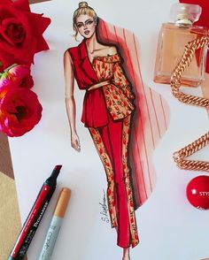 a drawing of a woman in a red dress next to some lipstick and other items