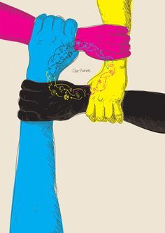 four hands holding each other in different colors