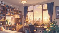 a bedroom with a desk, bookshelf and window overlooking the city at sunset