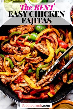 The BEST Easy Chicken Fajitas | foodiecrush.com Image shows a closeup overhead shot of a cast-iron skillet full of sautéed green, yellow, and red bell peppers, and fajita-seasoned chicken pieces (cut into strips), with a pear of tongs in the middle of the skillet, and some limes in the background Fajita Chicken Recipes Easy, Beef And Chicken Fajitas, Fajitas Peppers And Onions, Clean Eating Fajitas, Fajita Chicken Salad Recipe, Homemade Chicken Fajita Seasoning Recipe, The Best Chicken Fajitas, Healthy Dinner Recipes Fajitas, Home Made Fajitas