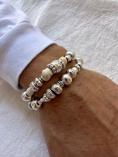 Men Large Beaded Bracelets Silver Mens Beads Bracelet Large - Etsy Silver Beaded Wristband With Round Beads, Traditional White Bracelets With Silver Beads, Traditional White Bracelet With Silver Beads, Bracelets Silver, Large Bracelet, Types Of Gifts, Mens Beaded Bracelets, Bracelet Collection, Beads Bracelet