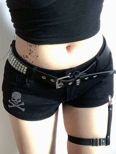 These trendy low-rise denim shorts feature a unique rhinestone skeleton embellishment, making them a standout piece in your wardrobe. Perfect for adding a touch of edginess to any outfit, these shorts are both stylish and eye-catching.  **Options:** 1. One pair of shorts without a leg loop. 2. One pair of shorts with a leg loop.      	 		 			Size 			S 			M 			L 		 		 			Waist 			71 			75 			79 		 		 			Hips 			88 			92 			96 		 		 			Length 			27 			28 			29 Shorts With Ripped Tights, Micro Shorts Outfit, Emo Shorts, Black Denim Shorts Outfit, Rhinestone Skeleton, Goth Shorts, Black Shorts Outfit, Gothic Shorts, Goth Pants