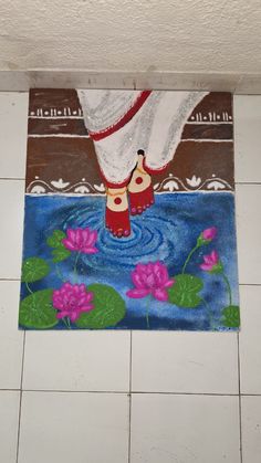 a bathroom rug with a painting of a person's feet in water and flowers on the floor