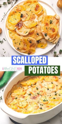 two pictures with different types of food on them and the words scalloped potatoes