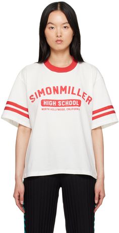 Cotton jersey T-shirt. · Rib knit crewneck · Logo and text printed at front · Striped trim at sleeves Supplier color: Cherry Simon Miller, North Hollywood, Japanese Fabric, Vogue Fashion, Knit Crewneck, Natural Fabrics, Jersey T Shirt, Luxury Streetwear, Lifestyle Brands