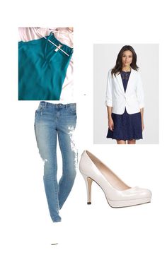 Blazer, jeans, green blouse, pumps Blazer Jeans