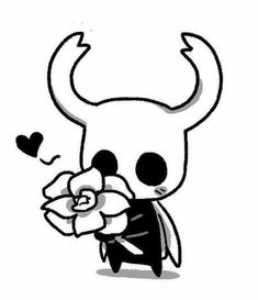 an ink drawing of a devil holding a flower with hearts on its chest and eyes closed