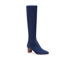 A sleek knee-high boot in navy stretch suede, set atop a tortoise-print, patent-leather block heel. Suede Set, Sarah Flint, Leather Block Heels, High Quality Shoes, Black Stretch, Luxury Shoes, Knee High Boots, Tortoise, Over Knee Boot