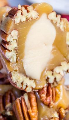 caramel and pecans are stacked on top of each other