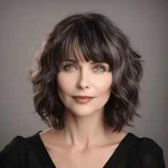 Woman 40 years old with Short Wavy Shag with Bangs Short Wavy Bob With Bangs, Wavy Shag, Lob Hairstyles, Thanksgiving Hairstyles, Shoulder Haircut, Wave Perm, Hair References, Cool Hairstyles For Girls, Stunning Hairstyles