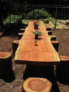 a long table made out of logs with vases on each end and potted plants in the middle