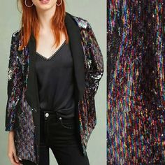 Rare! This Anthropologie Blazer Has The Most Gorgeous Placement Of These Rainbow Sequins That With A Touch Flip To Silver Sequins That Is Fully Lined And Silky Smooth. Photos Include Rainbow Version, Silver Version, And Camera Flash Versions To Show How Amazing This Blazer Really Is In Person. Measurements: Length: 31.5in Armpit To Armpit: 20.5in Full Chest Circumference: 41in Fit True To Size. Condition Like New!!! 10/10 Feel Free To Contact Me With Any Questions. Black Sequined Long Sleeve Blazer, Black Sequin Long Sleeve Blazer, Black Sequined Blazer For Spring, Black Sequined Outerwear For Party Season, Fall Party Blazer, Black Party Season Blazer, Multicolor Winter Party Blazer, Black Long Sleeve Outerwear For Party Season, Multicolor Party Blazer For Winter