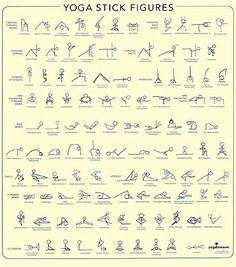 the yoga stick figures are shown in black and white, with instructions for how to do them