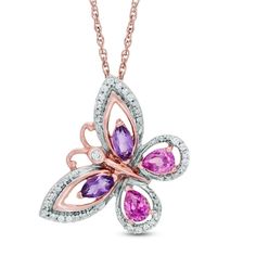 A versatile addition to her jewelry box, this charming gemstone pendant mesmerizes with color and sparkle. Crafted in 10K rose gold, this brilliant butterfly features pear-shaped, lab-created pink sapphires and marquise-cut bright purple amethysts centered in the diamond-lined wings. Glistening with 1/10 ct. t.w. of diamonds and polished to a bright shine, this precious papillon suspends slightly askew along an 18.0-inch rope chain that secures with a spring-ring clasp. Pretty Jewelry Necklaces, Diamond Butterfly, Peoples Jewellers, Magical Jewelry, Butterfly Jewelry, Bright Purple, Butterfly Pendant, Yellow Diamond, Pretty Jewellery