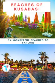 two pictures with the words beaches of kusadasi and an image of colorful beach chairs