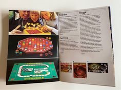 an open book with pictures of children playing games on the cover and inside pages showing instructions for building a board game