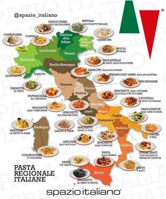 an italian map with different types of food on it and the names of each country