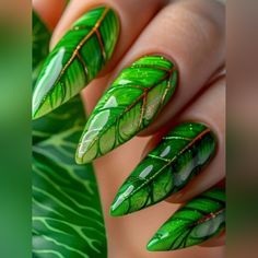 24pcs Fresh Green Leaf Design Press-On Nails, Extra Long Pointed Long Pointed Nails, Long Press On Nails, Finger Nail Art, Nail Forms, Womens Nails, Beach Nails, Stick On Nails, Creative Nails, Artificial Nails