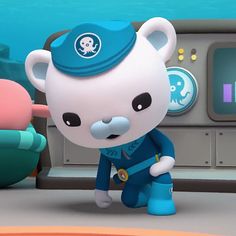 a white bear wearing a blue hat next to an orange and green object in animal crossing