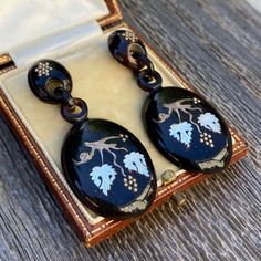 "Details: Stunning Victorian detailed inlay earrings with 9K gold and shell details. These earrings are magnificent, and very dramatic. They have etched gold inlay with sweet grape vine pattern. The grapes are made of tiny gold beads, the vines are etched gold, and the leaves are carved shell. Their are tiny stars at the top of the earrings! Absolutely stunning! The look is fabulous on, and would make an lovely addition to any collection. Please ask all necessary questions prior to placing an or Elegant Inlay Earrings As Gift, Elegant Earrings With Inlay For Gifts, Elegant Drop Earrings With Inlay, Vine Pattern, Cameo Earrings, Silver Heart Earrings, Tiny Star, Carved Shell, Moonstone Earrings