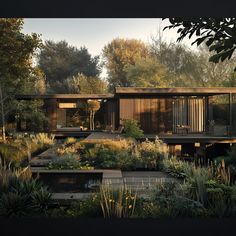 an artist's rendering of a house surrounded by trees and plants in the woods