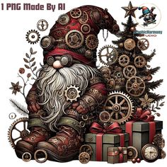 a christmas card with a santa clause sitting on top of a pile of gear and presents