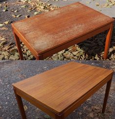 an old wooden table is turned into a modern end table