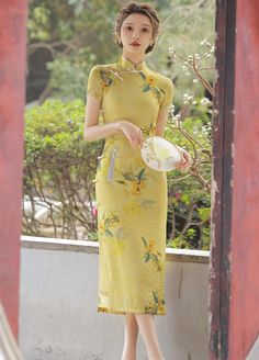 Yellow Qipao Dress Spring Floral Print Cheongsam, Spring Ao Dai With Floral Print And Short Sleeves, Summer Cheongsam With Floral Print And Stand Collar, Summer Floral Cheongsam With Stand Collar, Summer Floral Print Fitted Cheongsam, Fitted Floral Print Cheongsam For Summer, Fitted Floral Cheongsam For Summer, Spring Ao Dai With Stand Collar For Tea Ceremony, Spring Cheongsam With Stand Collar For Tea Ceremony