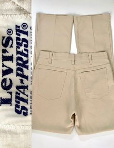 "Vintage 70's Sta-Prest Levi's 517 Pants Bootcut (W31) These Levi's 517 pants come in a light tan (eggshell) and have a metal zipper fly, belt loops, bootcut pant shape. The fabric is a light weight and is with give and has a matte surface.  Cotton/Polyester Made in USA *The Black Levi's Tab has been cut off, the pockets are sewn shut. *Free shipping within the US, and will go Priority Mail for a quick delivery! Size: (W31\" x L31\") (Tag Size: 31x36) Waist: 31\" Hips: 36\" Inseam: 31\" Leg Opening: 8 3/4\" Rise: 11\" (front 11 1/2\" (back) Weight: 1 pound 4 oz *Follow Freshandswanky on Instagram" Vintage Khaki Bottoms For Fall, Vintage Beige Bottoms With Pockets, Vintage Beige Bottoms With Belt Loops, Retro Beige Cotton Bottoms, Vintage Cream Wide-leg Bottoms, Vintage Fitted Beige Bottoms, Fitted Vintage Beige Bottoms, Vintage High-waist Beige Pants, 1970s Straight Leg Spring Pants