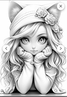 a drawing of a girl with long hair wearing a cat hat and holding her hands to her face