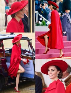 the queen of england is wearing a red coat and hat as she steps out of her car