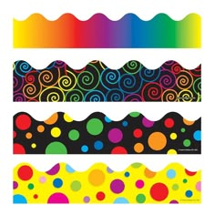 three different colored papers with circles and waves on them, one is black the other is yellow