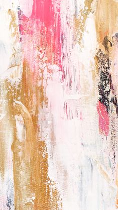 an abstract painting with pink, yellow and white colors on it's surface is shown