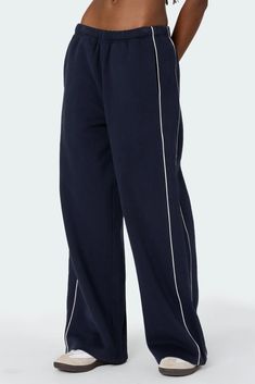 Autumn Sweatpants Sporty Cotton Wide-leg Bottoms, Sporty Cotton Wide-leg Pants, Sporty Wide-leg Pull-on Bottoms, Sporty Wide Leg Cotton Bottoms, Sporty Wide-leg Cotton Bottoms, Sporty Wide-leg Bottoms With Pull-on Style, Navy Relaxed Fit Athleisure Pants, Sporty Wide-leg Pants With Elastic Waistband, Sporty Wide-leg Bottoms With Elastic Waistband