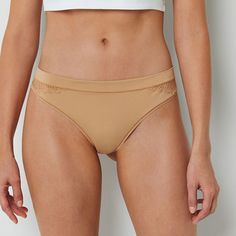 Your first layer should be the most comfortable, so we designed this Ambrielle thong panty from super-soft, stretch-knit that sits right at the waist, and features delicate lace side detail.Fiber Content: 79% Nylon, 21% SpandexFabric Description: MicrofiberCare: Machine Wash, Tumble DryCountry of Origin: Imported Beige Soft Touch Intimate Briefs, Soft Solid Color Intimate Briefs, Soft Stretch Intimate Briefs, Lace Side, High Cut, Lace Trim, Trim, The Originals, Lace