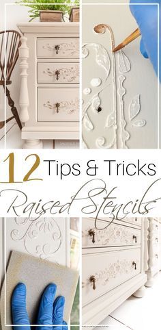 several different pictures with the words 12 tips and tricks painted stencils on them