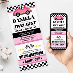 a person holding up a cell phone next to a ticket for a race car birthday party