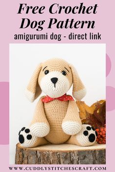 a crochet dog sitting on top of a tree stump with the text free amigurmi pattern